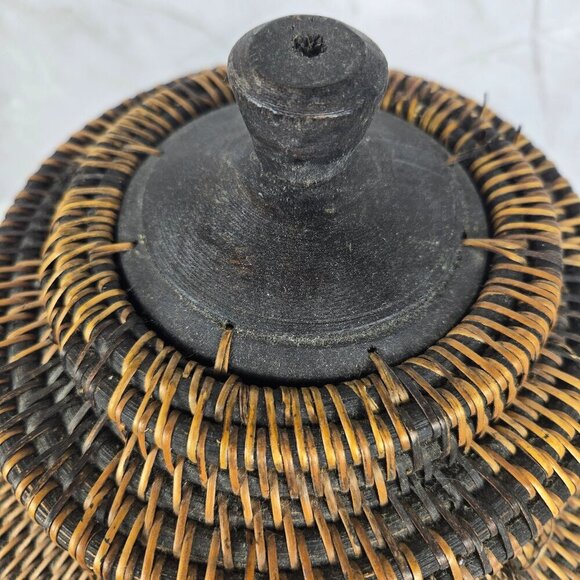 Wood and Rattan Vessel with Removable Lid Brown & Black Handmade in Indonesia - Picture 7 of 11